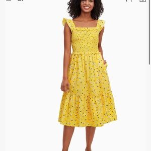 Kate Spade Fleurette Toss Voile Smocked Dress Yellow Floral Summer M